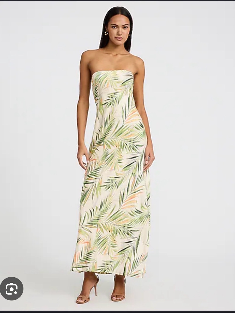 Express Strapless Tropical Leaf Maxi Dress - Cream with Green